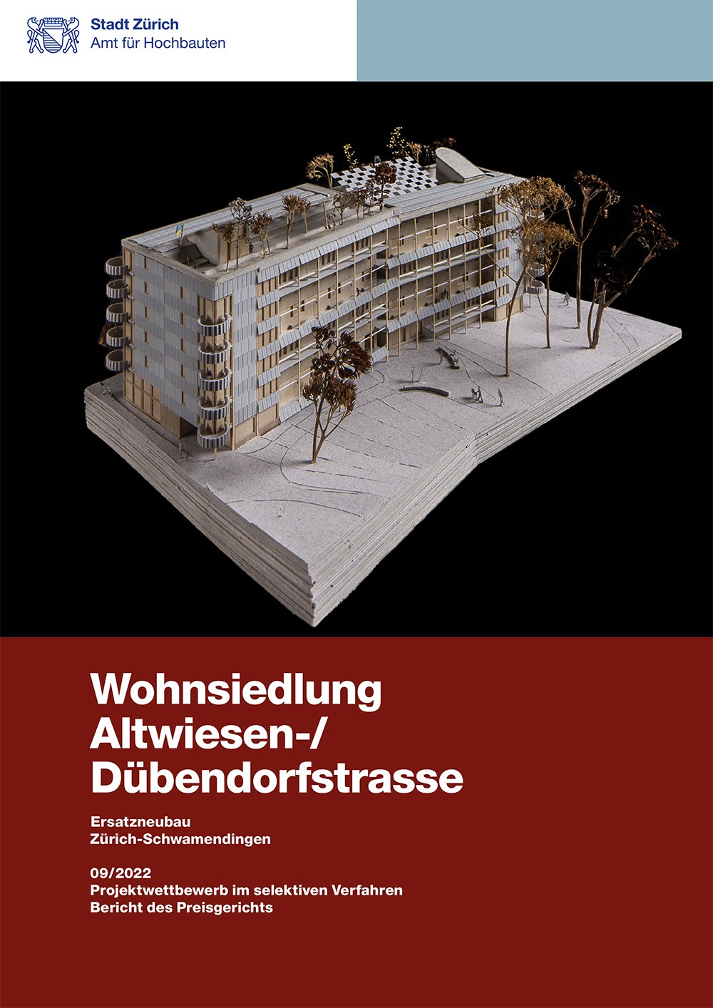 Titelseite Jurybericht Wohnsiedlung Altwiesen-/ Dübendorfstrasse mit Modellfotografie.