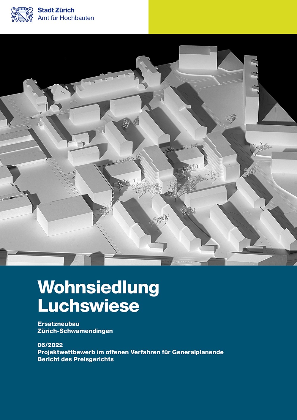 Titelseite Jurybericht Wohnsiedlung Luchswiese mit Modellfotografie.