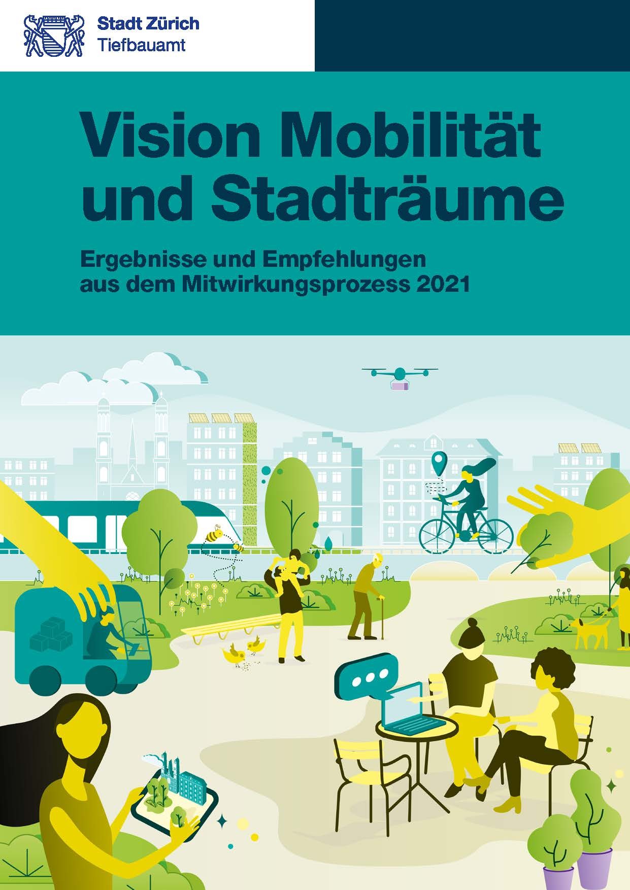 Titelbild der Broschüre mit Personen, die allerlei Aktivitäten im Stadtraum nachgehen.
