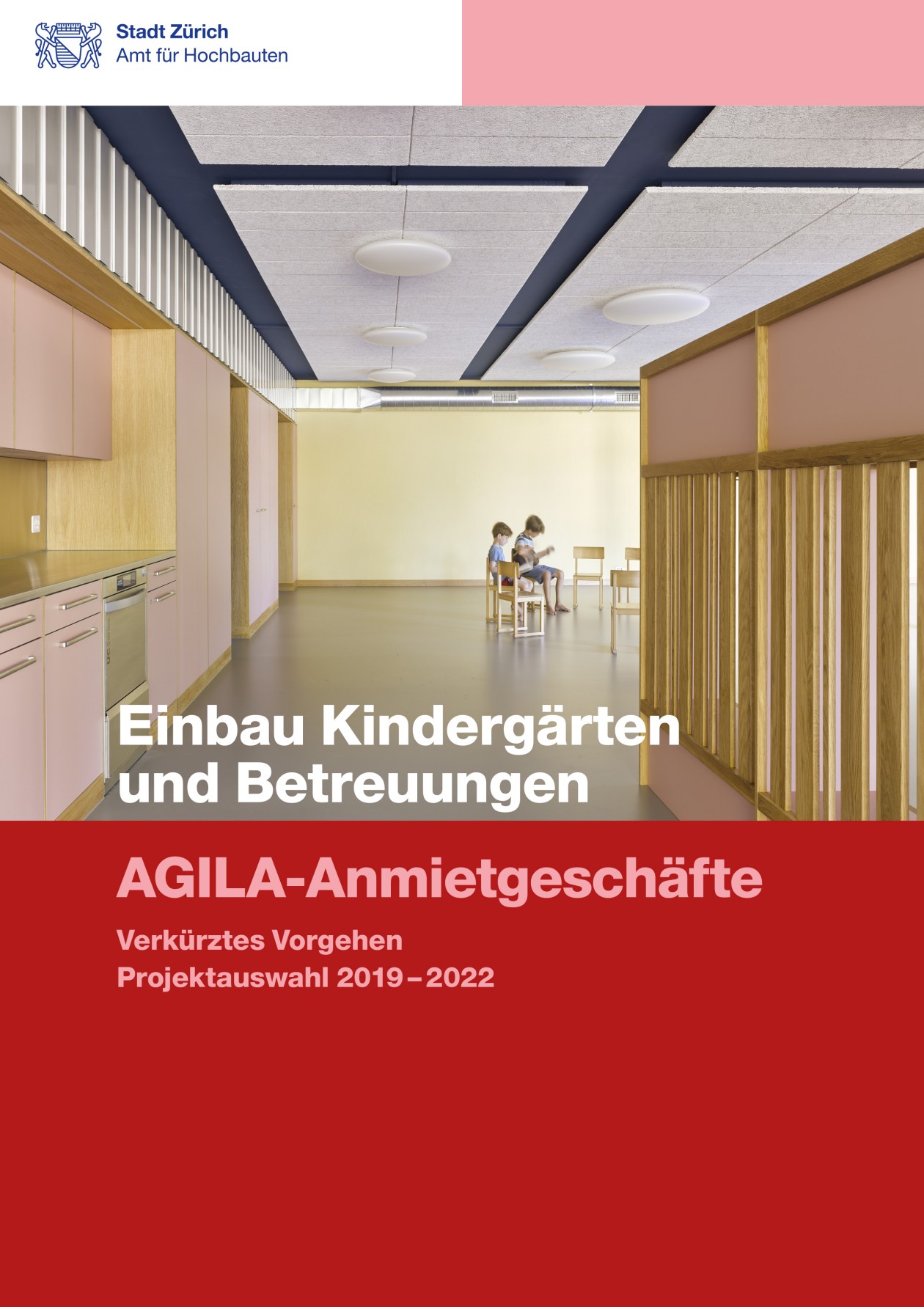 Titelseite Baudokumentation Einbau Kindergärten und Betreuung mit Blick in einen Betreuungsraum.