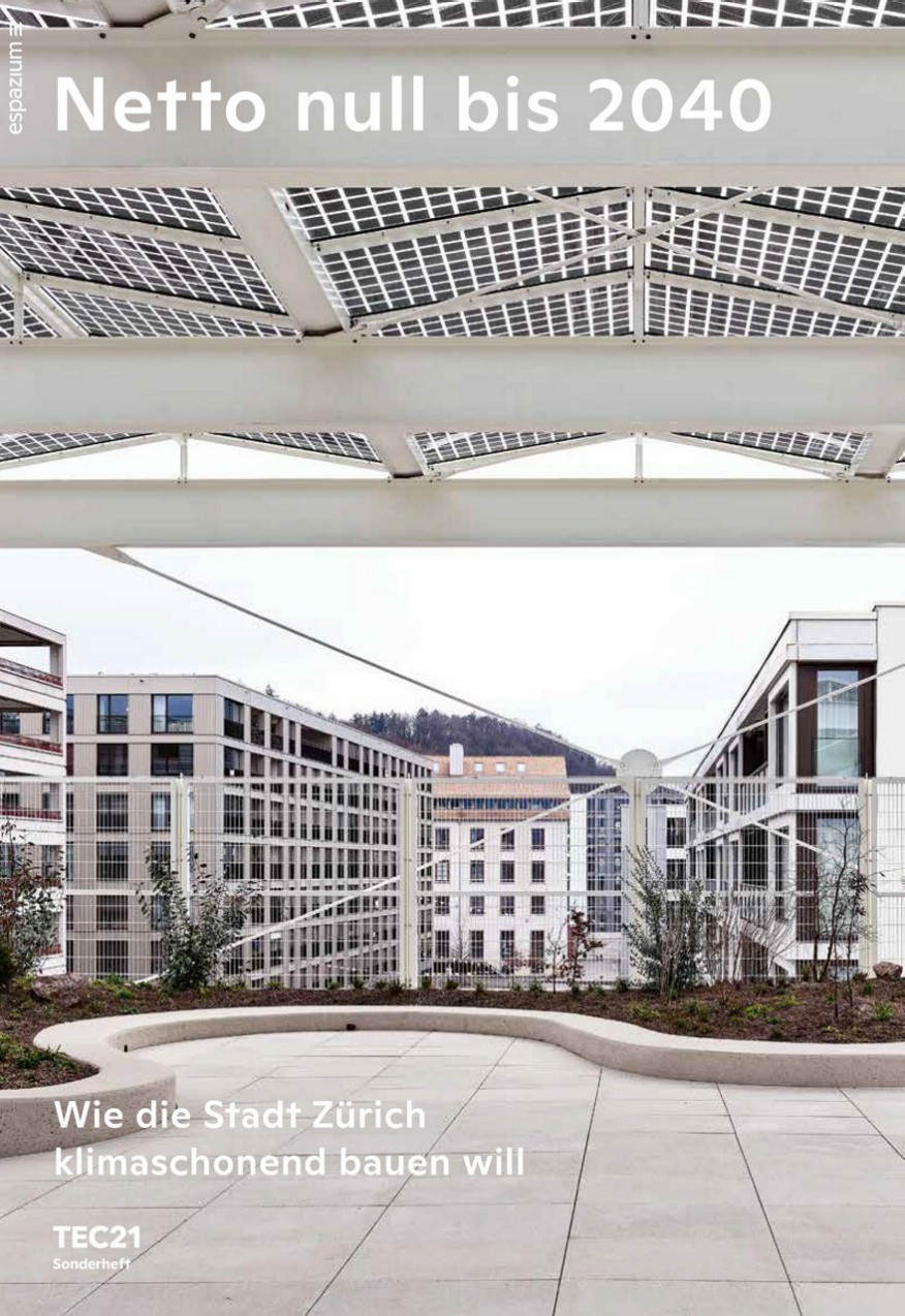 Netto null bis 2040 – Wie die Stadt Zürich klimaschonend bauen will Titelseite Netto null bis 2040 mit einem Foto des Pausen- und Aufenthaltsbereichs der Schulanlage Allmend.