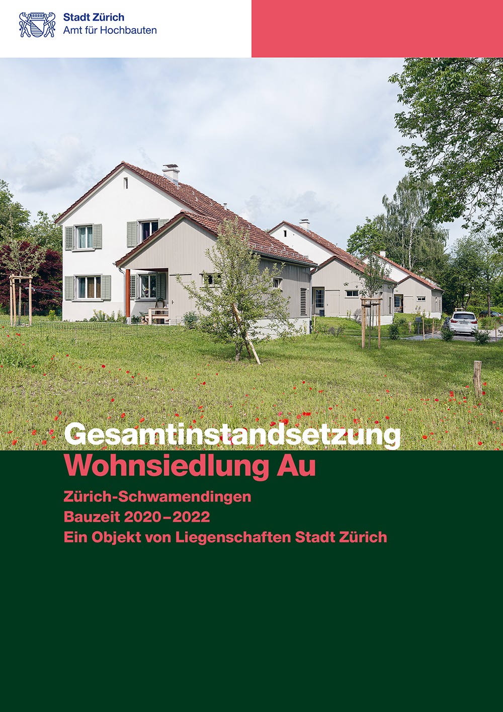 Titelseite Baudokumentation Gesamtinstandsetzung Wohnsiedlung Au mit Aussenansicht.