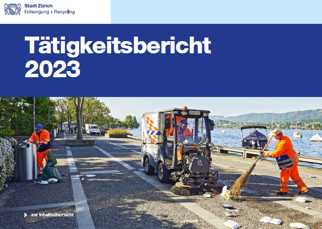 Titelbild Tätigkeitsbericht 2023. Das Bild zeigt die Stadtreinigung beim Reinigen der Seeanlage beim Bellevue.