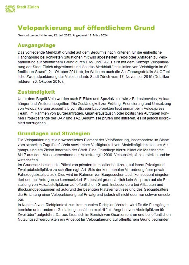 Veloparkierung auf öffentlichem Grund