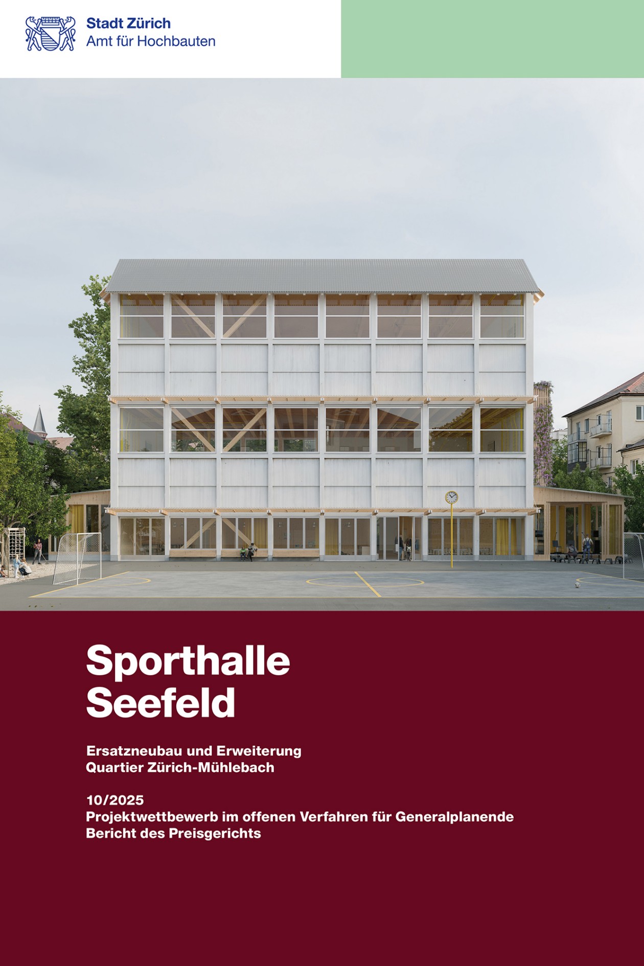 Titelseite Jurybericht Sporthalle Seefeld mit Visualisierung Aussenansicht.