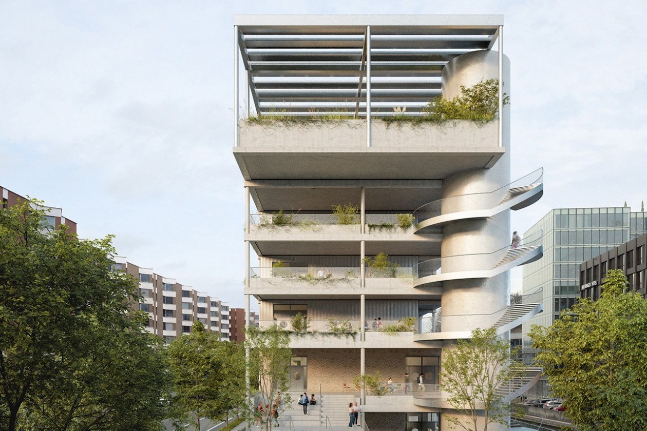 Die Visualisierung des geplanten Bauvorhabens zeigt einen Blick vom Haspelsteg auf die künftige Schulanlage.