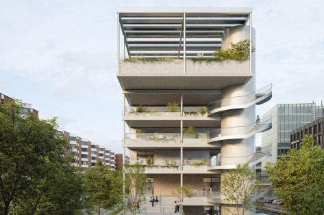 Die Visualisierung des geplanten Bauvorhabens zeigt einen Blick vom Haspelsteg auf die künftige Schulanlage.