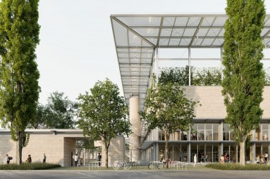 Fassadenansicht Wallisenstrasse Ankunftsbereich (Visualisierung: studio blomen, Zürich) Visualisierung mit Blick von der Wallisenstrasse auf den Ankunftsbereich.