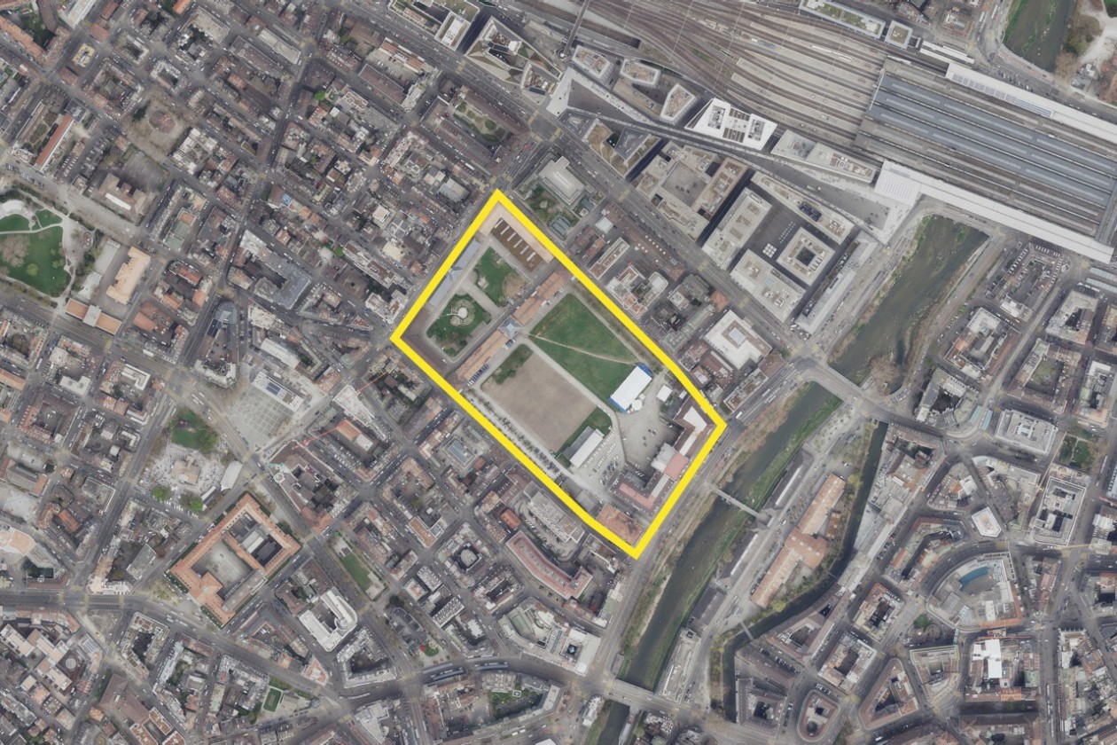 Gelber Perimeter auf dem Luftbild markiert den Wettbewerbsstandort.