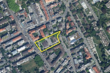 Gelber Perimeter auf dem Luftbild markiert den Wettbewerbsstandort.