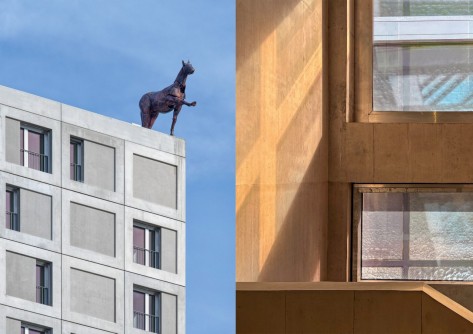 Pferdeskulptur auf dem Dach eines Hochhauses, Lichtreflexionen in einem Treppenhaus aus Beton.