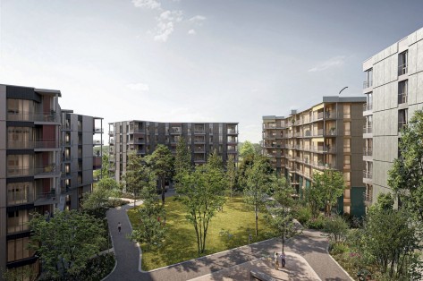 Wohnsiedlung Harsplen, Siedlung mit vier Wohnblöcken, mittig ein Park