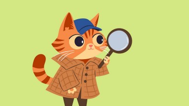 Eine Comic-Katze ist als Detektiv verkleidet und hält eine Lupe in der Hand.