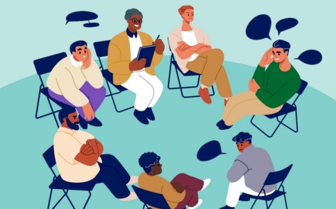 Illustration einer Gruppe Männer im Kreis sitzend