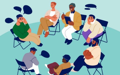 Illustration einer Gruppe Männer im Kreis sitzend