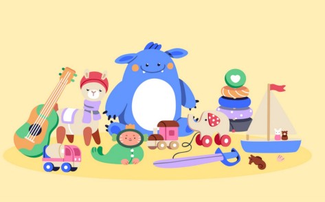 Illustration mit Plüschtieren und Spielzeug.