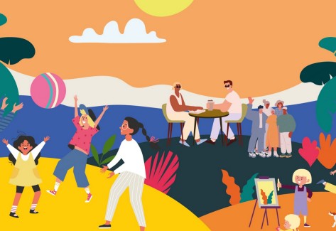 Illustration mit spielenden Kindern und Erwachsenen