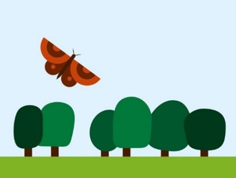 stadtgruen Grafische Darstellung: Ein Schmetterling fliegt über einer Wiese mit Bäumen.