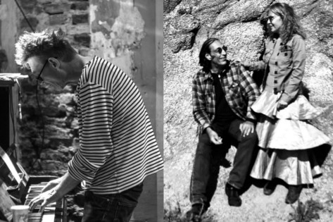 Zwei Fotografien in schwarz-weiss: Ein Mann spielt im Stehen Klavier. Ein Mann und eine Frau in der Wildnis.