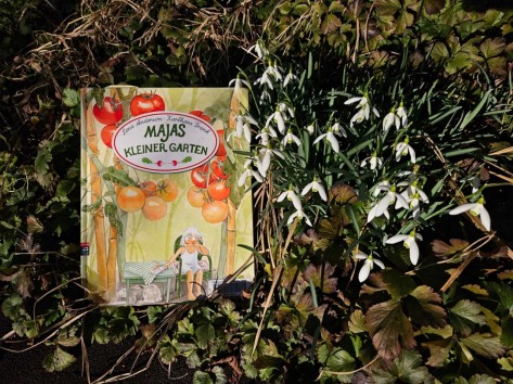 Das Kinderbuch Majas kleiner Garten liegt auf einer Frühlingswiese, umringt von Schneeglöckchen.