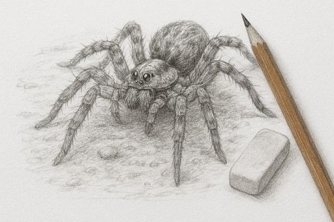 Eine Bleistiftskizze einer Wolfsspinne.