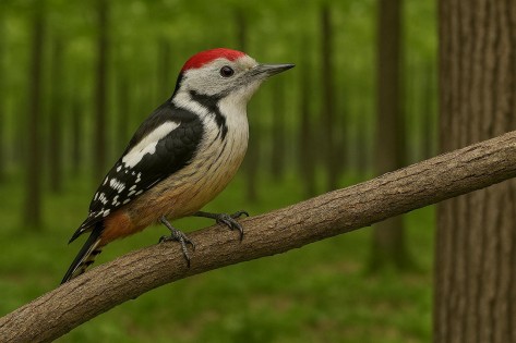 Ein Mittelspecht sitzt auf einem Ast in einem Wald.