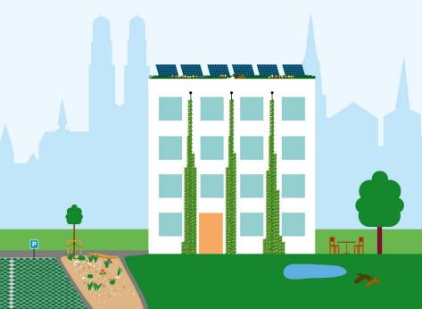 Grafik des Stadtgrün Programms. Schematische Darstellung eines fassadenbegrünten Hauses inmitten einer grünen Umgebung. Im Hintergrund die Kulisse der Stadt Zürich.