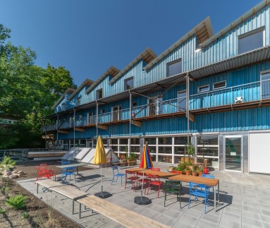 Um eine Terrasse mit Sitzplätzen herum, sind Ruderalflächen neu bepflanzt.