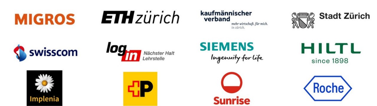 Migros, ETH Zürich, Kaufmännischer Verband Zürich, Stadt Zürich, Swisscom, log in, Siemens, Hiltl, Implenia, Post, Sunrise, Roche
