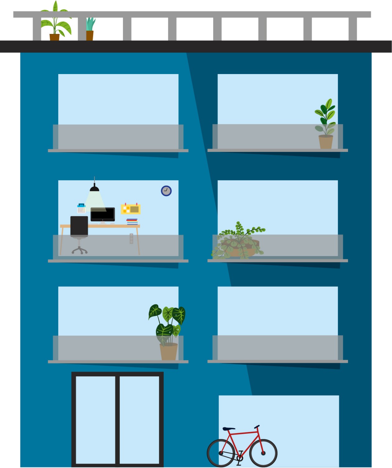 Illustration eines Wohnblocks mit vier Etagen