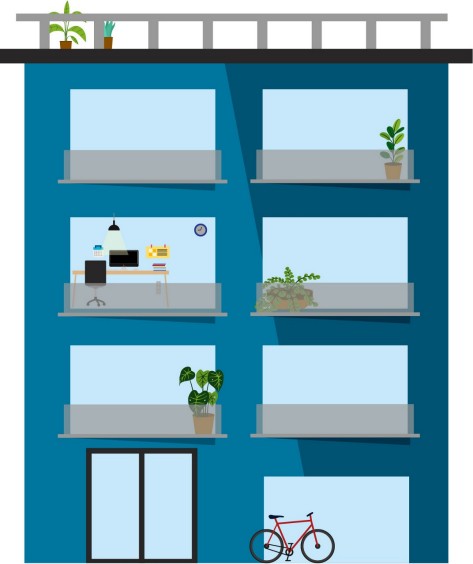 Web Illustration eines Wohnblocks mit vier Etagen