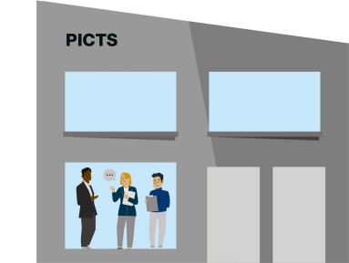 Web Illustration eines zweistöckigen Gebäudes. In einem Fenster sieht man drei Personen miteinande sprechen. (PICTS)