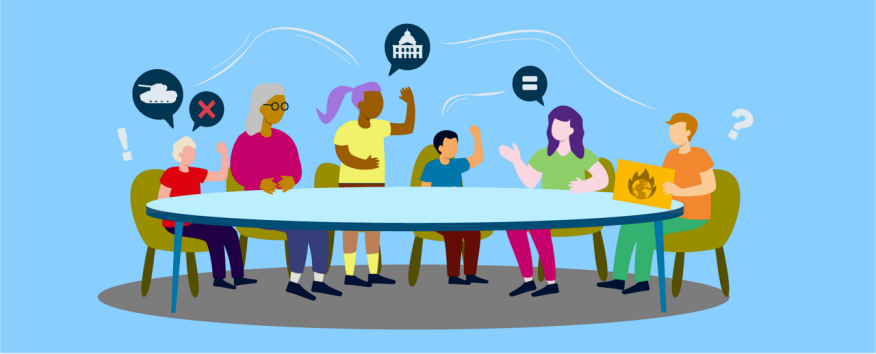 Illustration Demokratiekonferenz: Lehrpersonen und Schüler*innen diskutieren an einem runden Tisch