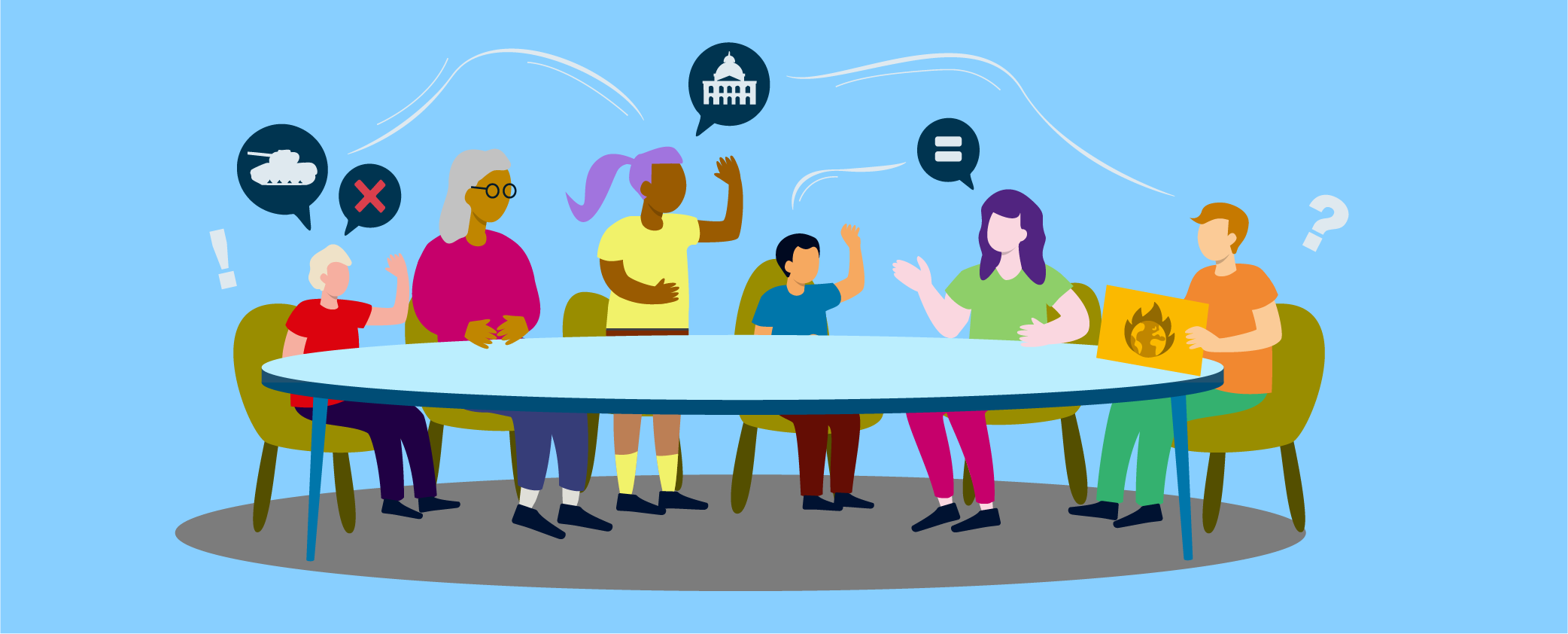 Illustration: Schüler*innen und Lehrpersonen sitzen an einem runden Tisch und diskutieren