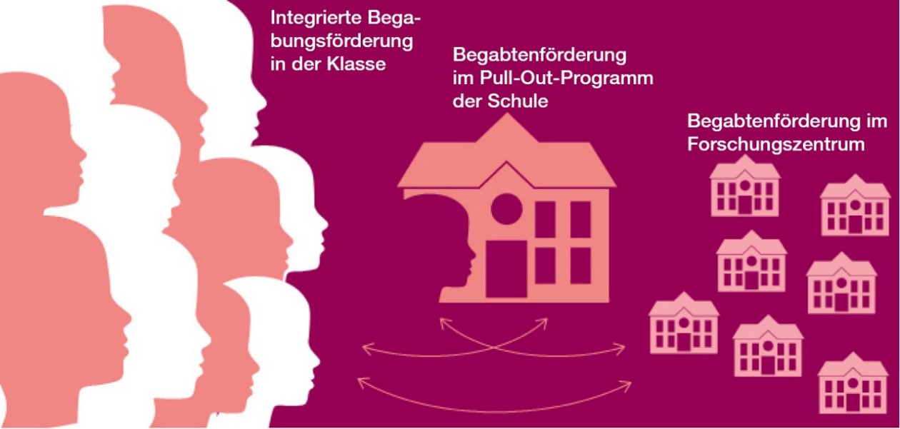 Illustration der drei Ebenen: Regelklasse, Pull-Out-Programm und Forschungszentren.
