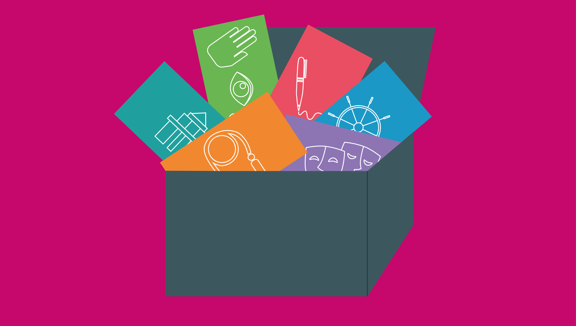 Illustration: Box mit 6 Icons auf verschieden farbigen Flächen