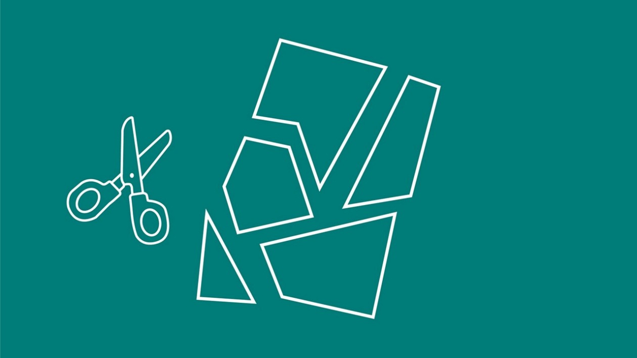 Dunkelgrüne Illustration mit einer Schere und zerschnittenen Papierfetzen