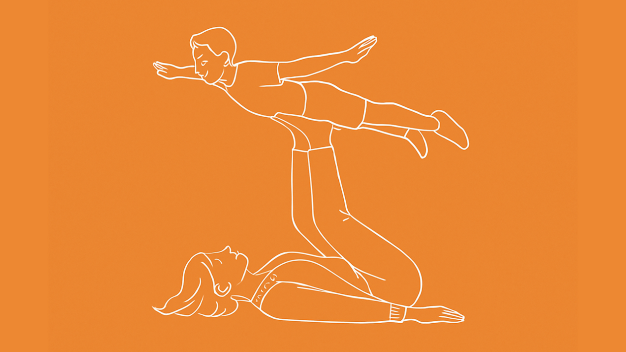 Illustration Frau hebt Kind mit den Beinen für Spielidee Flieger
