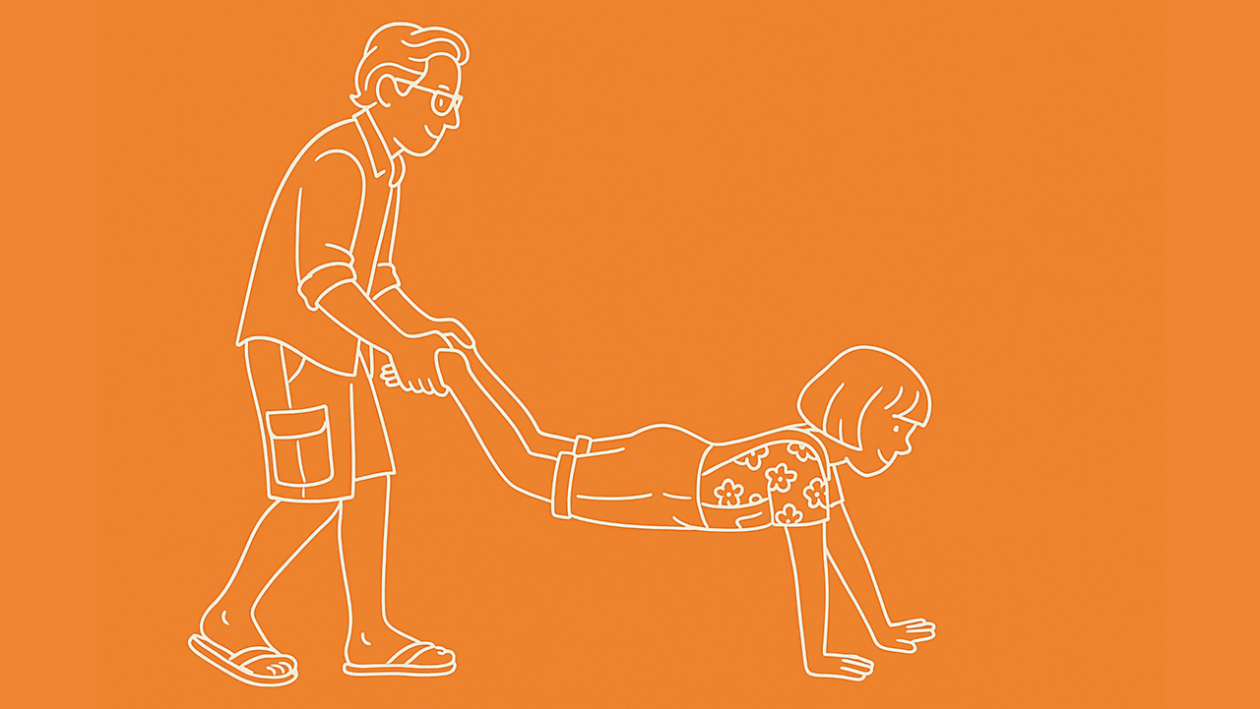 Illustration Mann hält Kind an beiden Füssen, Kind läuft auf den Händen für SpielideeSchubkarre