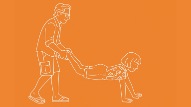 Spielidee Schubkarre Illustration Mann hält Kind an beiden Füssen, Kind läuft auf den Händen für SpielideeSchubkarre