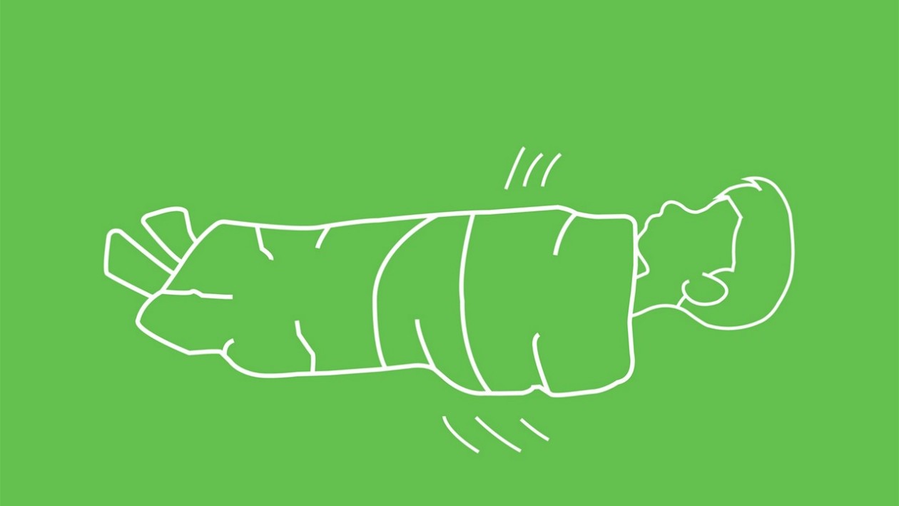 Hellgrüne Illustration mit Kind, das in Decke eingewickelt ist