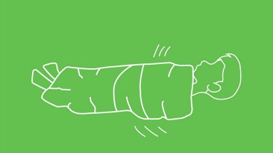 Spielidee Teigwürstli Hellgrüne Illustration mit Kind, das in Decke eingewickelt ist
