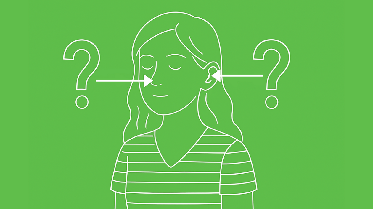 Illustration Mädchen mit geschlossenen Augen und Fragezeichen auf die Nase und ein Ohr gerichtet für Spielidee Einen Ort bewusst wahrnehmen 