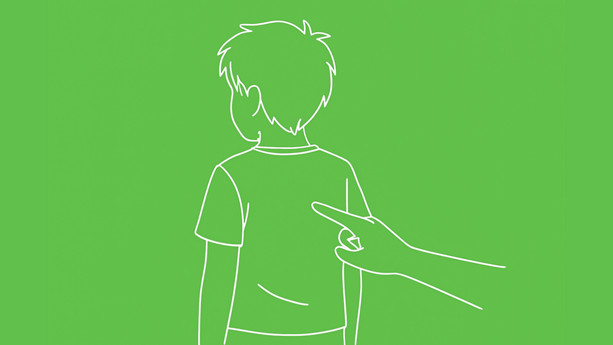 Illustration Kind von hinten mit Zeigefinger auf Rücken für Spielidee Formen und Bilder auf dem Rücken spüren 