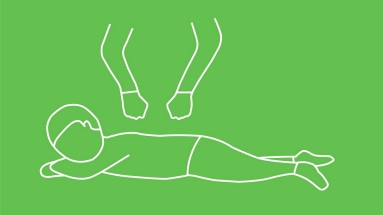 Spielidee Rückengarten Hellgrüne Illustration mit Kind, das auf dem Bauch liegt und massierenden Händen am Rücken