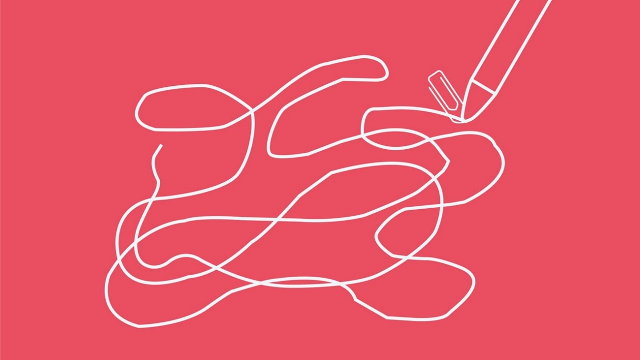 Rote Illustration mit Stift, der eine wirre Linie zeichnet