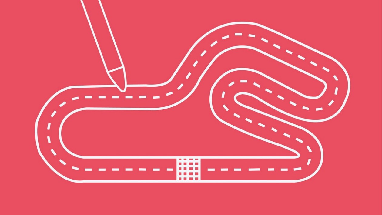 Rote Illustration mit Stift, der Strasse zeichnet