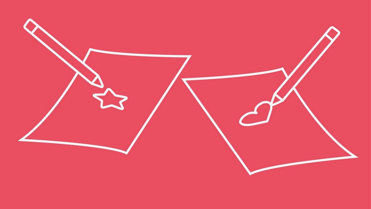 Rote Illustration mit zwei Stiften und zwei Blatt Papier