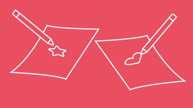 Spielidee Ich schreibe für dich Rote Illustration mit zwei Stiften und zwei Blatt Papier