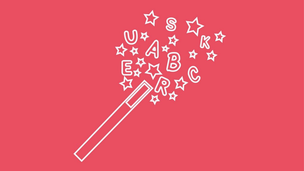 Rote Illustration mit Zauberstab, Sternen und Buchstaben